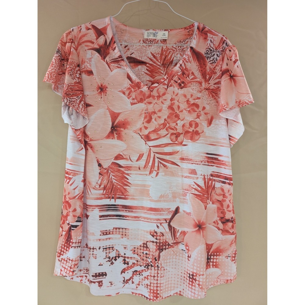 TERRA & SKY 0X 14W Floral Top Pink Coral Short Sleeve Stretch Knit Shirt - Picture 1 of 3